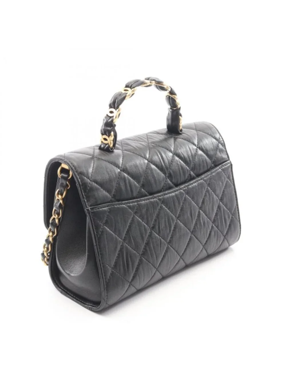 Chanel Shoulder Bag Quilted Top Handle Black Leather Top Small Flap